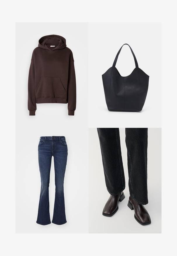 Pruun kapuutsiga silt, mis on valmistatud pehmest kangast, suure kapuutsi, esikoti ning soonikuvarrukate ja -äärtega. Lihtne, igapäevane disain ilma mustriteta.; Tumedate sinised laiad teksad, mis on valmistatud denimist, kitseneva vöökoha, viie tasku disaini ja kerge tuhmumisega, et luua tekstuur puusadel ja põlvedel.; Pruunid nahast pahkluu saapad, millel on ruudukujuline varvas ja plokk-kand, koos mustade laiade pükstega. Sile tekstuur ja minimalistlik disain.; Must must kinnas must rinna, millel on kaarjas avatud ülemine osa, kaks õlarihma ja minimalistlik disain.