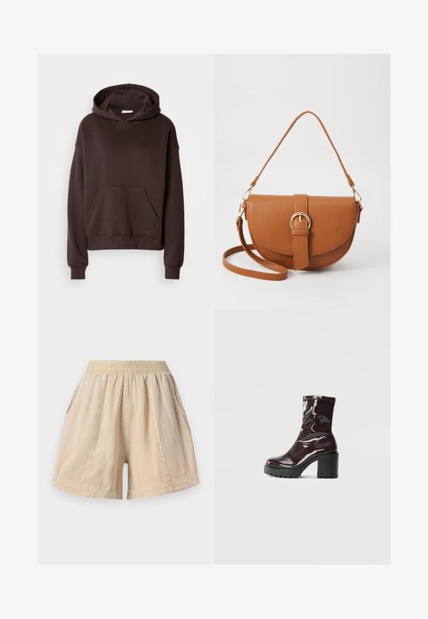 Haut à capuche marron en tissu doux, avec une grande capuche, une poche frontale et des poignets et un ourlet côtelés. Design simple et décontracté sans motifs.; Shorts beiges à taille élastique avec poches latérales et coutures visibles, fabriqués à partir d'un tissu léger.; Bottines bordeaux brillantes à talon épais noir, avec une texture lisse et un design simple. Aucune fermeture visible ni motifs.; Sac bandoulière en cuir marron avec une forme incurvée, quincaillerie dorée et un accent en boucle. Comprend une bandoulière détachable.