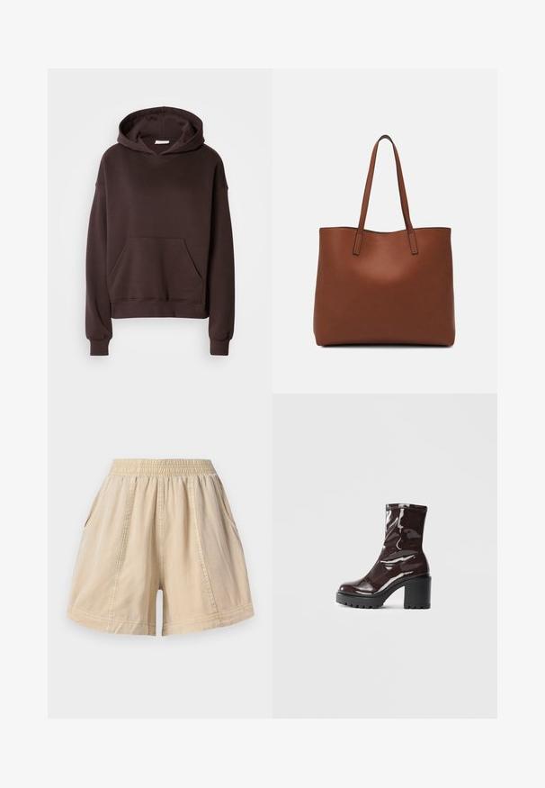Barna kapucnis pulóver puha anyagból, nagy kapucnival, elülső zsebbel, valamint bordás mandzsettákkal és aljjal. Egyszerű, hétköznapi dizájn, minta nélkül.; Beige elasztikus derékú shorts oldalsó zsebekkel és látható varrásokkal, könnyű anyagból.; Fényes bordó bokacsizma vastag fekete sarokkal, sima felülettel és egyszerű dizájnnal. Nincsenek látható zárak vagy minták.; Barna bőr vászontáska sima textúrával, nyitott tetejű dizájnnal és két vállpánttal. Minimális varrással és látható hardver nélkül készült.