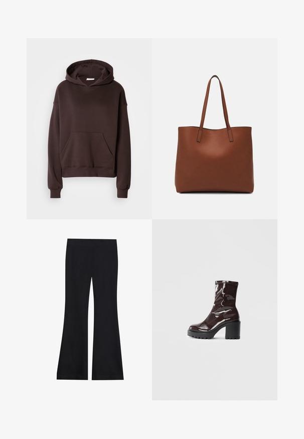 Pruun kapuutsiga silt, mis on valmistatud pehmest kangast, suure kapuutsi, esikoti ning soonikuvarrukate ja -äärtega. Lihtne, igapäevane disain ilma mustriteta.; Mustad flared püksid, mis on valmistatud pehmest ja venivast kangast; omavad sujuvat vöökohta ja laia jalatüüpi; sujuv viimistlus kogu ulatuses.; Klakav läikiv burgundi värvi pahkluu saabas, millel on paks must konts, sile tekstuur ja lihtne disain. Nähtavad kinnitused või mustrid puuduvad.; Pruun nahast tote-kott, millel on sile tekstuur, avatud ülaosa disain ja kaks õlarihma. Omab minimaalset õmblust ja nähtavat riistvara ei ole.