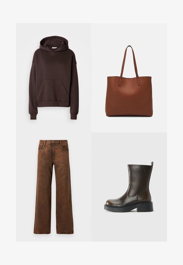 Ruskea huppari, joka on valmistettu pehmeästä kankaasta, varustettu suurella hupulla, etutaskulla sekä ribbausreunuksilla hihansuissa ja helmassa. Yksinkertainen, rento muotoilu ilman kuvioita.; Vaaleanruskeat leveälahkeiset farkut, joissa on teksturoitu pinta, nappi- ja vetoketjusuljenta sekä kaksi etutaskua.; Tummanruskea keskipituinen nahkasaapas pyöreällä varvaskappaleella, paksulla mustalla pohjalla, matalalla blokkikannalla ja vetotapilla takana.; Ruskea nahkainen olkalaukku, jossa on sileä pinta, avoin yläosa ja kaksi olkahihnaa. Omaavat vain minimaalisen ompelun eikä näkyvää metalliosaa.