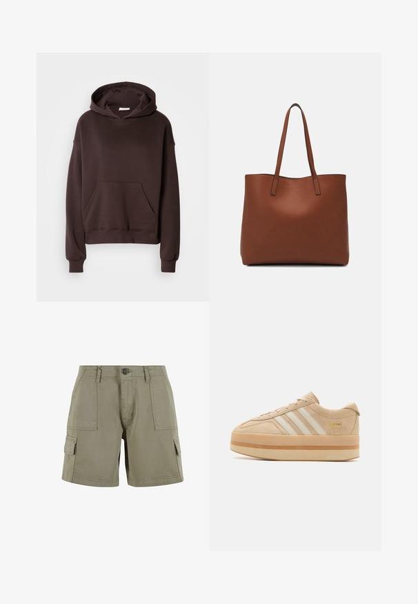 Smeđa dukserica od mekog materijala, s velikom kapuljačom, prednjim džepom i rebrastim manžetama i donjim rubom. Jednostavan, ležeran dizajn bez uzoraka.; Khačani cargo šorc od laganog pamuka s dva bočna džepa, prednjim kopčanjem na dugme i ravnim krojem.; Bež nubuk platformske tenisice s bijelim tri pruge, okrugli nos, i bež gumeni potplat s zlatnim logotipom sa strane.; Smeđa kožna torba preko ramena s glatkom teksturom, otvorenim vrhom i dvjema naramenicama. Ima minimalne šavove i nema vidljivog hardvera.