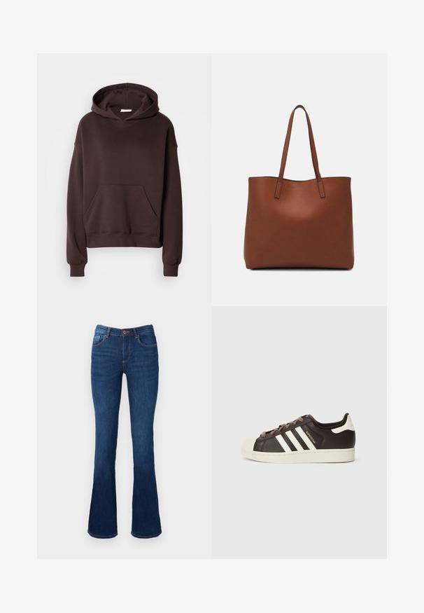 Hnědá mikina vyrobená z měkké tkaniny, se širokou kapucí, přední kapsou a žebrovanými manžetami a spodním lemem. Jednoduchý, pohodlný design bez vzorů.; Džíny z modrého denimu s rozšířenými nohavicemi a středním pasem, s předními a zadními kapsami, oranžovým prošíváním a zapínáním na knoflík.; Nízký teniska Adidas Superstar z tmavě hnědé kůže s krémovou špičkou, bílými pruhy a nápisem "Superstar" na boku.; Hnědá kožená taška přes rameno s hladkou texturou, otevřeným designem a dvěma ramenními popruhy. Obsahuje minimální švy a žádné viditelné kovové prvky.