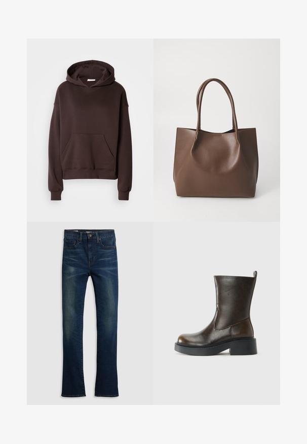 Brown hoodie made from soft fabric, featuring a large hood, front pocket, and ribbed cuffs and hem. Simple, casual design with no patterns.; Dark blue denim jeans with a straight leg design, five-pocket style, and subtle whiskering detail on the front.; Dark brown mid-calf leather boot with a rounded toe, thick black sole, low block heel, and pull tab at the back.; Brown leather tote bag with two long handles, structured shape, smooth texture, and minimalistic design. No visible hardware or accents.
