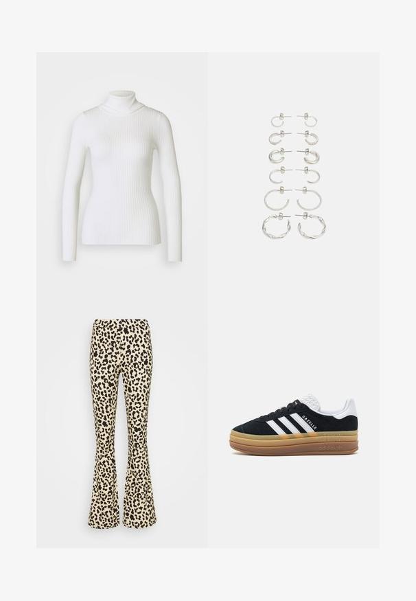 Suéter de gola alta branco com nervuras e mangas longas, apresentando um design ajustado e uma textura suave. Gola plana e aparência sem costuras.; Vero Moda VMKAMMA PANT - Calças - safari/black; Sapatilha de camurça preta com detalhes brancos e três riscas, apresentando um calcanhar branco texturizado, sola de borracha e a marca "Gazelle".; Conjunto de brincos de prata com vários designs: argolas finas, bordas texturizadas e estilos torcidos. Inclui opções de tacos e argolas.