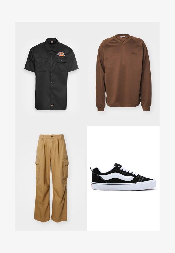 Hnedá mikina so strihom do v-krku, dlhými raglánovými rukávmi a lemovaním na rukávoch. Obsahuje decentné vyšívané logo na hrudi. Hladká textúra.; Čierna košeľa s krátkym rukávom vyrobená z odolného materiálu, s dvoma náprsními vreckami, gombíkovým zapínaním a farebným logom na ľavej strane hrudníka.; Svetlohnedé cargo nohavice so striehnutým strihom, ktoré majú dve bočné vrecká a zapínanie na gombík. Vyrobené z mäkkej a odolnej tkaniny.; Čierne semišové tenisky s bielymi akcentmi, s nízkym dizajnom, šnurovaním a hrubou bielou gumovou podrážkou. Logo značky na päte.