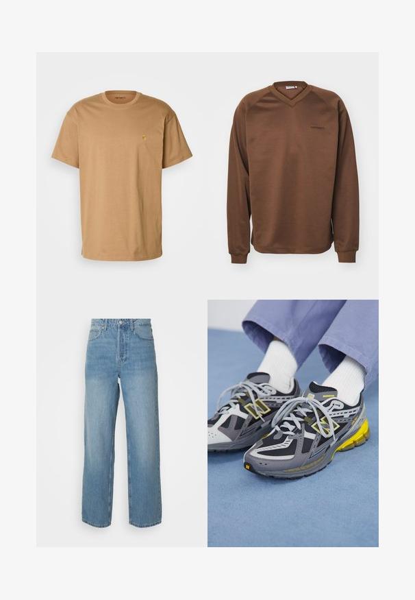 Ruskea huppari, jossa on V-pääntie, pitkät raglan-hihat ja ribattu pääntie. Rinnassa on hillitty brodeerattu logo. Sileä tekstuuri.; Carhartt WIP CHASE - T-paita - peanut/gold; Vaaleansiniset korkeavyötäröiset farkut, suorat lahkeet, etupainikekiinnitys ja five-pocket-tyyli tasaisella taustalla.; Harmaat ja mustat juoksukengät, joissa on verkkokangasta ja synteettistä materiaalia, paksu pohja, jota korostavat keltaiset yksityiskohdat ja heijastavat elementit.