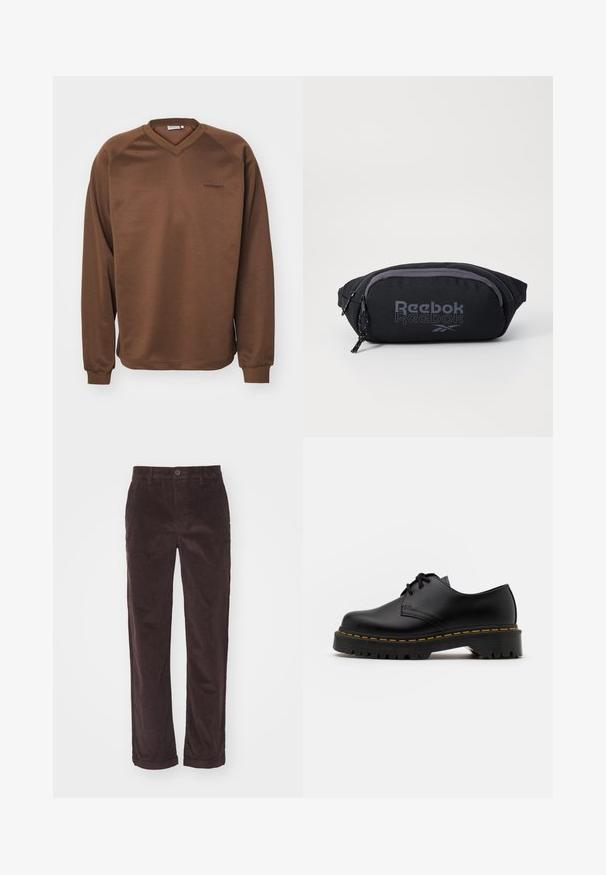 Felpa marrone con design a scollo a V, maniche lunghe a raglan e polsini a coste. Presenta un logo ricamato discreto sul petto. Texture liscia.; Pantaloni in corduroy marrone con taglio dritto, dotati di chiusura a bottone e risvolti, che mostrano una texture a righe verticali.; Scarpa nera in pelle con lacci, punta arrotondata, suola in gomma texturizzata e cuciture gialle attorno alla base. Design piatto e finitura liscia.; Borsa a sacca nera Reebok realizzata in tessuto resistente. Caratterizzata da una cerniera grigia, logo stampato e una forma ovale con finitura testurizzata.