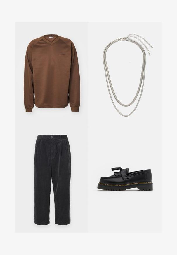 Brązowa bluza z dekoltem w serek, długimi rękawami raglanowymi i ściągaczami. Posiada subtelnie haftowane logo na piersi. Gładka faktura.; Ciemnoszare spodnie z kordurojowej tkaniny o luźnym kroju, z zapięciem na guzik, fałdami i skróconą długością, prezentujące prążkowaną teksturę.; Czarny skórzany mokasyn z frędzelkowymi akcentami, z masywną czarną podeszwą i żółtym przeszyciem wzdłuż krawędzi. Teksturowane wykończenie.; Trójwarstwowy naszyjnik ze srebrnego metalu z eleganckimi, elastycznymi łańcuszkami o delikatnym połysku, zapinany na karabińczyk i regulowany.