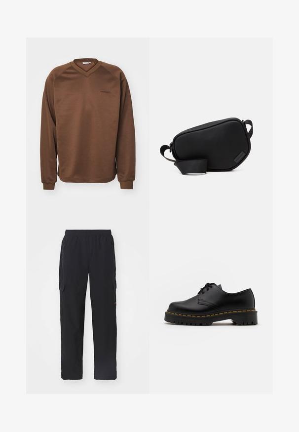 Bruine sweatshirt met een v-halsontwerp, lange raglanmouwen en geribde boorden. Heeft een subtiel geborduurd logo op de borst. Soepele textuur.; Zwarte cargobroek van gladde stof met een elastische tailleband. Beschikt over zijzakken en cargozakken op de dijen voor opslag.; Zwarte leren veterschoen met een ronde neus, getextureerde rubberen zool en gele stiksels rond de basis. Plat ontwerp en een gladde afwerking.; Zwarte, met rits afgesloten schoudertas van een glad materiaal, met een platte vorm, een enkele schouderriem en een klein logoaccent. Minimalistisch ontwerp.