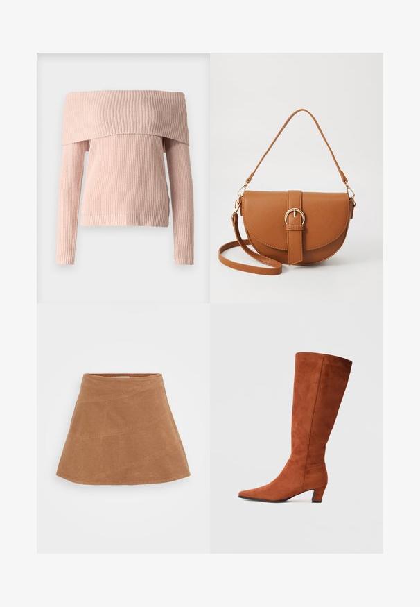 Off-shoulder strikkegenser i myk rosa. Har et teksturert rillemønster, lange ermer og en cropped hem.; Brun kordfløyel mini skjørt med en utsvingt design, med skrå sømmer og en glatt tekstur. Flatt liv på toppen.; Brune suédine knæhøje støvler med spids tå og en lille blokhæl, med en glat tekstur og minimalistisk design.; Brun lærcrossbody-veske med en buet form, gullhardware og et spenneakcent. Har en avtakbar skulderreim.