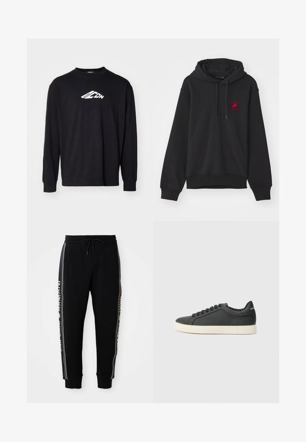 Svart hettegenser laget av ribbestrikket stoff, med en frontlomme, snorhette og rødt brodert logo på brystet.; Svart langermet T-skjorte laget av bomull, med et hvitt logo på brystet. Klassisk rund hals og ribbestrikkede mansjetter.; Sorte joggebukser med elastisk liv, snor, side lommer, ribbede mansjetter og hvit "Emporio Armani" tekst langs sidestroppene.; Svart skinnsneaker med lav profil, rund tå og snøring; har en teksturert gummisåle og logo-detalj på hælen.