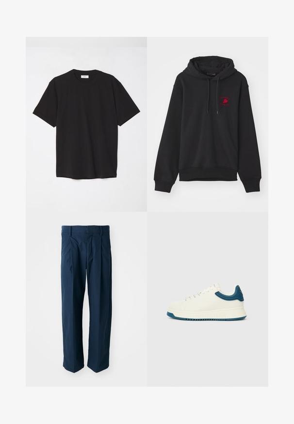 Must mustriga, millel on esikott, reguleeritav kapuuts ja rindkere kohal punane tikandatud logo.; Must must t-särk, millel on ümmargune kaelus, lühikesed varrukad ja lõdva soe. Lihtne disain, sile tekstuur ja nähtamatud mustrid või logod.; Tumedatehased, mis on valmistatud puuvillast, lõdva lõikega, eesplekkide ja lame vöökohaga, millel on vööaasad.; Valged tossud sileda viimistlusega, sinised tekstuuriga aktsendid krae ümber ja paks tall. Omavad ümmarguseid paelu ja madalat disaini.