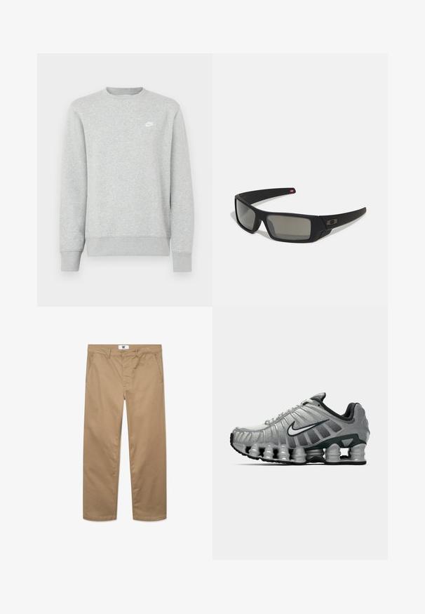 Szara bluza z miękkiego materiału polarowego, z prążkowanymi mankietami i dołem, z małym białym logo Nike na piersi.; Khaki bawełniane spodnie o prostym kroju, z pojedynczym zapięciem na guzik, szlufkami na pasek oraz dwiema kieszeniami bocznymi. Gładka tekstura.; Szare i czarne buty biegowe Nike z widocznym, sprężystym tłumieniem pod podeszwą oraz białym logo swoosh po boku.; Czarne okulary przeciwsłoneczne z matowym wykończeniem, prostokątne soczewki, lekko wygięte zauszniki, subtelny detal z logo oraz szkła w odcieniu dymnym.