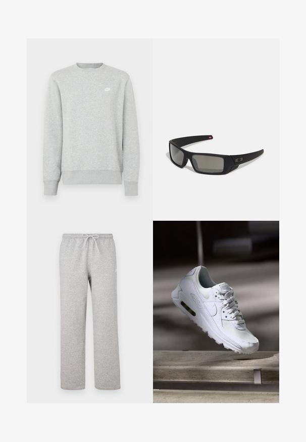 Grå sweatshirt i mjukt fleecematerial, med ribbstickade muddar och fåll, samt en liten vit Nike-logga på bröstet.; Gråa mjukisbyxor med resår i midjan och dragsko. Tillverkade av mjukt tyg, de har raka ben och diskret logodetalj.; Vita Nike Air Max 90 sneakers med en ovandel i mesh och läder, perforerad tåbox och en synlig luftenhet i hälen.; Svarta solglasögon med matt yta, rektangulära linser, lätt kurva vid skalmarna, diskret logotypdetalj och rökfärgade linser.