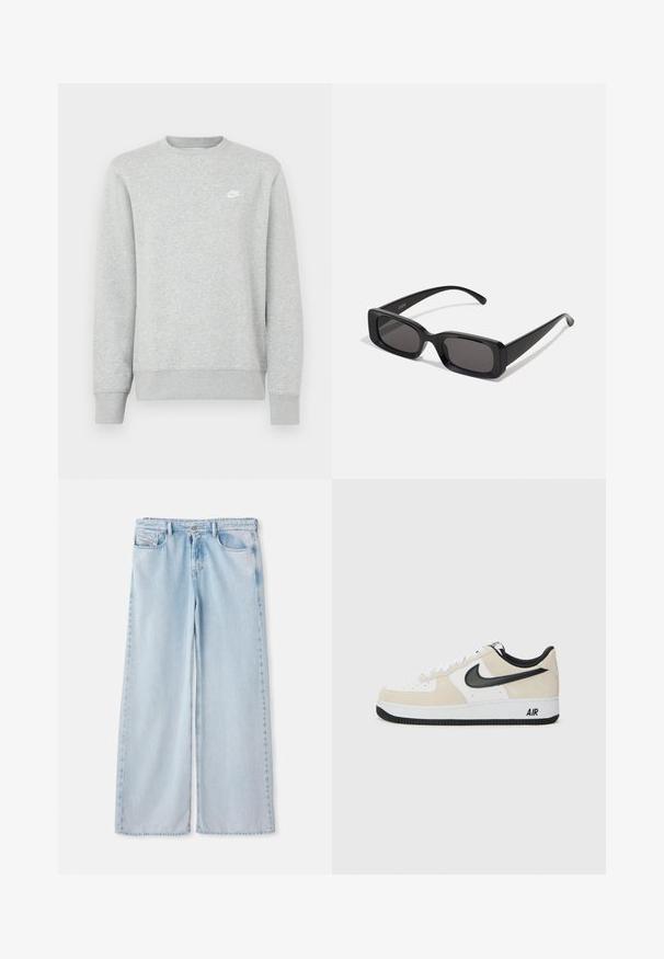 Szara bluza z miękkiego materiału polarowego, z prążkowanymi mankietami i dołem, z małym białym logo Nike na piersi.; Jasnoniebieskie dżinsy o szerokich nogawkach z klasycznym pięciopocketowym wzorem, z standardowym paskiem i surowym wykończeniem. Miękki tekstyl dżinsowy z delikatnym wyblaknięciem.; Sneakers z jasnobeżowym zamszem i białą skórzaną cholewką, czarnym logo Nike, czarnymi akcentami i białą gumową podeszwą z logo "AIR".; Czarne prostokątne okulary przeciwsłoneczne z ciemnymi szkłami, błyszczącym wykończeniem, szerokimi zausznikami i masywną konstrukcją. Wygrawerowana nazwa marki na jednym z zauszników.