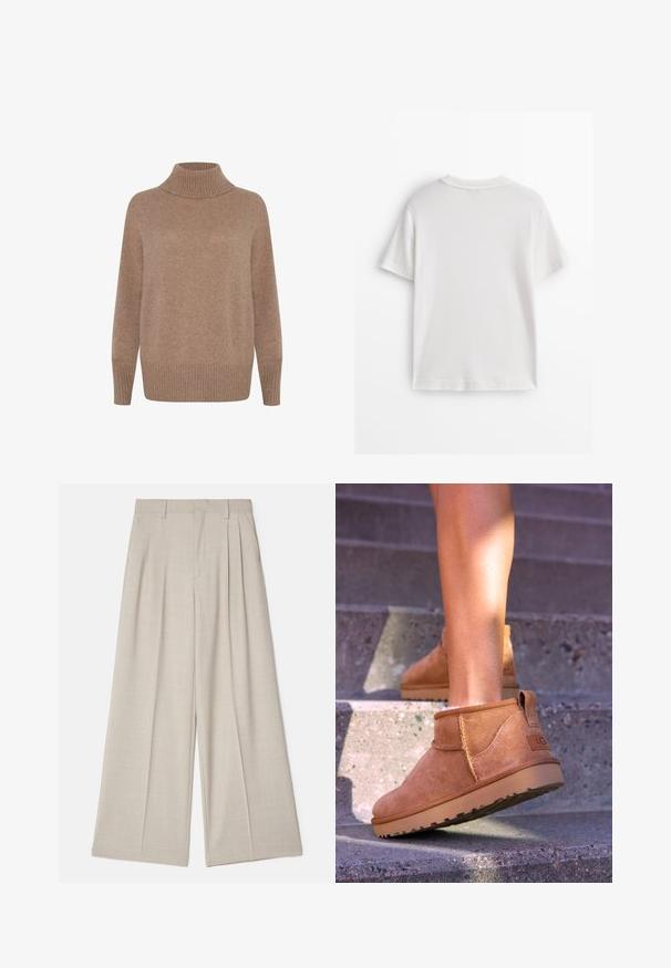 Hellbrauner, gerippter Rollkragenpullover mit langen Ärmeln und lässiger Passform. Weiche Textur mit glattem Finish. Einfaches, vielseitiges Design.; Weißes Baumwoll-T-Shirt mit kurzen Ärmeln, rundem Ausschnitt und glatter Textur. Die Rückseite ist einfarbig ohne zusätzliche Muster oder Designs.; Beige weit geschnittene Hose mit glatter Textur, Frontfalten, flachem Bund und maßgeschneidertem Design für eine lockere Passform.; Beige Wildleder-Ankelstiefel mit weicher Textur, gesteppten Details und einer Gummisohle, ausgestattet mit einer Schlaufe an der Ferse für einfaches An- und Ausziehen.