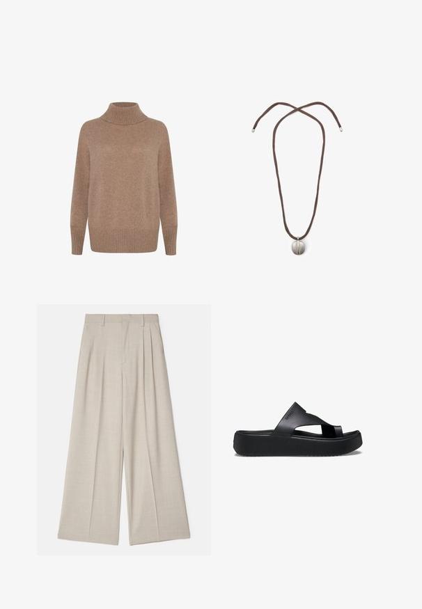 Light brown, ribbed turtleneck sweater with long sleeves and a relaxed fit. Soft texture with a smooth finish. Simple, versatile design.; White cotton t-shirt with short sleeves, a round neck, and a smooth texture. The back is plain with no additional patterns or designs.; Beige wide-leg trousers with a smooth texture, featuring front pleats, a flat waistband, and a tailored design for a loose fit.; Black platform flip-flop with a textured rubber sole, featuring cross-strap design and a matte finish. Brand logo understated on the side.; Necklace with a brown cord and a silver oval pendant. The pendant has a smooth surface and a slight indentation in the center.
