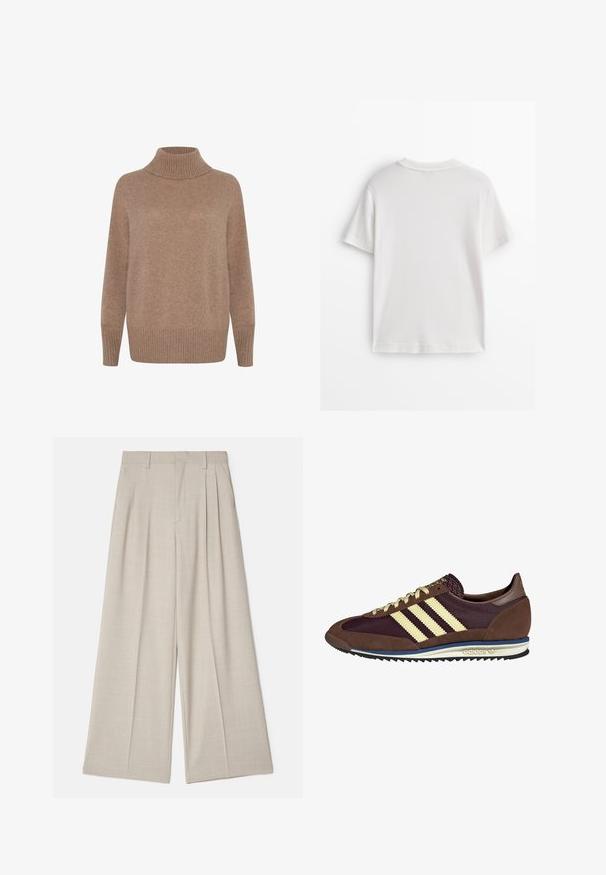 Light brown, ribbed turtleneck sweater with long sleeves and a relaxed fit. Soft texture with a smooth finish. Simple, versatile design.; White cotton t-shirt with short sleeves, a round neck, and a smooth texture. The back is plain with no additional patterns or designs.; Beige wide-leg trousers with a smooth texture, featuring front pleats, a flat waistband, and a tailored design for a loose fit.; Brown and burgundy sneaker with suede and mesh materials, featuring three cream stripes, textured fabric on the tongue, and a rubber sole.