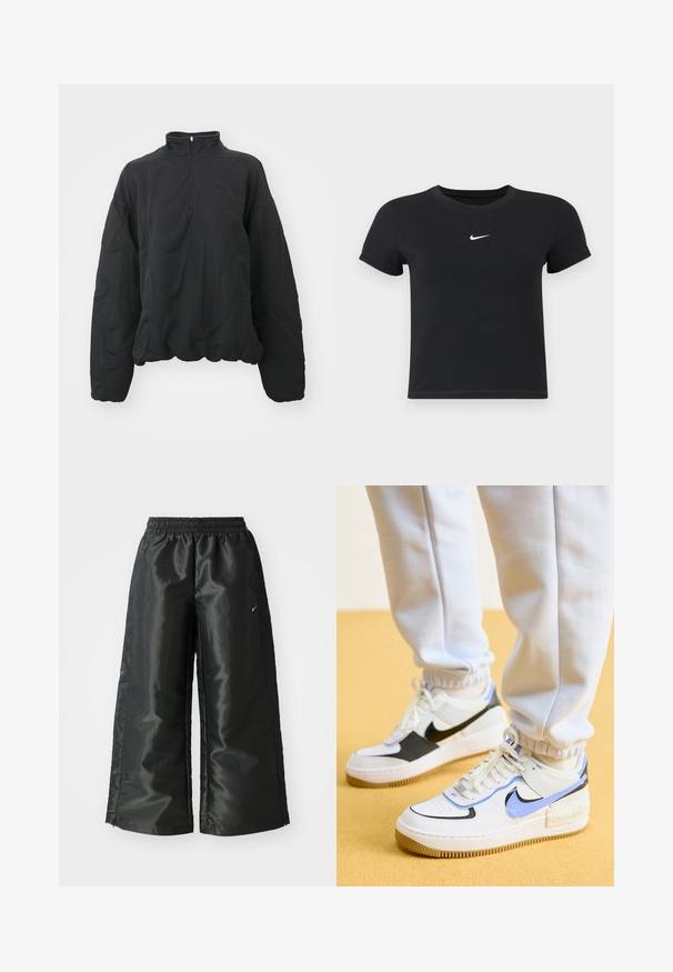 Nike Sportswear COZY LOGO - Sweatshirt - black; Schwarzes T-Shirt mit kurzen Ärmeln aus Baumwolle und rundem Ausschnitt. Es hat ein weißes Nike-Logo auf der Brust, ein minimalistisches Design und eine taillierte Form.; Schwarze Sporthose aus glänzendem, glattem Stoff, mit einem elastischen Bund, weitem Bein und einem kleinen Logo auf der linken Seite.; Nike Sportswear AIR FORCE 1 SHADOW - Sneaker low - white/royal pulse/black/photon dust/summit white/persian violet