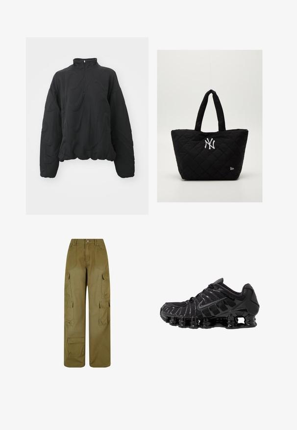 Nike Sportswear COZY LOGO - Sweatshirt - black; Pantalons cargo verts olive en tissu durable ; présentent des jambes larges, plusieurs poches latérales et une fermeture à bouton à l'avant.; Chaussure de sport noire avec une tige en mesh et des superpositions brillantes. Dotée d'un amorti à ressorts courbés et de lignes texturées sur le côté. Logo Nike visible.; Sac fourre-tout noir matelassé avec doubles poignées, présentant un logo blanc des New York Yankees et un petit emblème de la marque sur le côté.