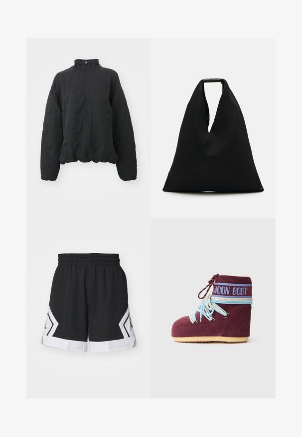 Nike Sportswear COZY LOGO - Sudadera - black; Bermudas deportivas negras con una cinturilla elástica, ribete blanco y acentos en forma de diamante que presentan un logotipo en negro en los lados.; Bota Moon de ante burdeos con cordones azul claro y crema envueltos alrededor del tobillo, banda de logo azul y suela beige sobre fondo blanco.; Bolsa de tela negra con un diseño en forma de V único y una textura suave. Presenta un asa corta con un detalle de hardware minimalista.