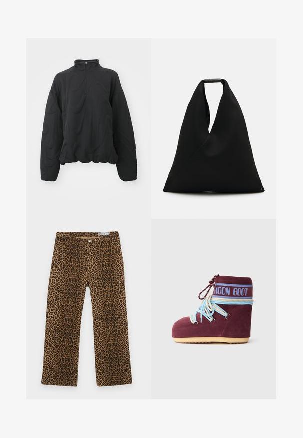 Nike Sportswear COZY LOGO - Sweatshirt - black; Leopard print pants featuring a brown and black pattern, straight-leg design, and classic five-pocket styling. Made from cotton blend fabric.; Maroon suede Moon Boot with light blue and cream laces wrapped around ankle, blue logo band, and beige sole on white background.; Black fabric tote bag with a unique V-shape design and a smooth texture. Features a short handle with minimalistic hardware detail.