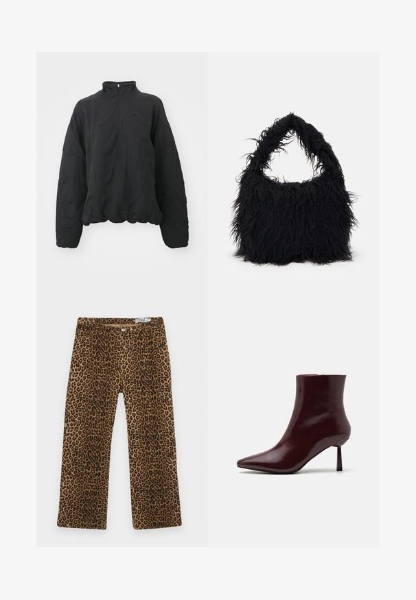 Nike Sportswear - Bluza; Spodnie w panterkę z brązowym i czarnym wzorem, prosta nogawka, klasyczny krój pięciu kieszeni. Wykonane z bawełnianej mieszanki.; Burgundowe lakierowane botki za kostkę z ostrym noskiem i smukłym obcasem w szpilkę, charakteryzujące się gładką, błyszczącą teksturą i minimalistycznym designem.; Even&Odd - Torba na zakupy