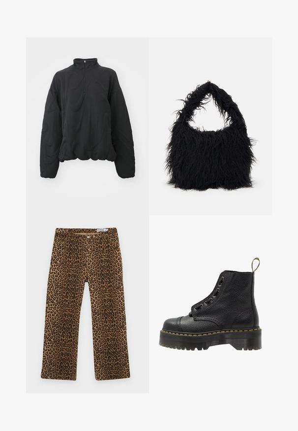 Nike Sportswear COZY LOGO - Sudadera - black; Pantalones de estampado de leopardo con un patrón marrón y negro, diseño de pierna recta y estilización clásica de cinco bolsillos. Fabricados en tejido de mezcla de algodón.; Botín negro de cuero con superficie texturizada, punta redonda, diseño de cordones, costuras amarillas y una gruesa suela de plataforma negra estriada.; Even&Odd Bolso shopping - black