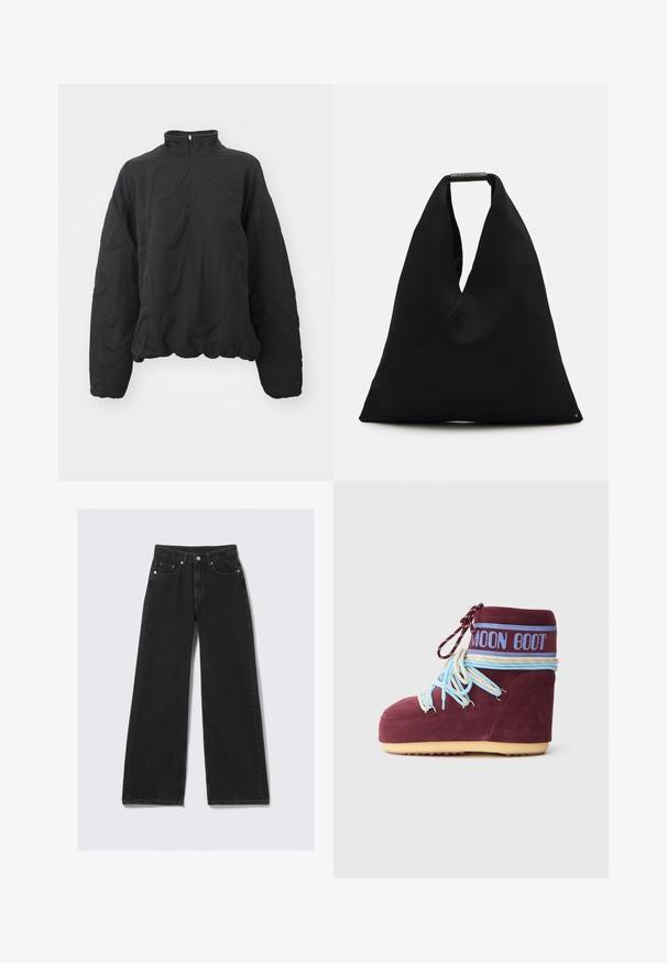 Nike Sportswear COZY LOGO - Felpa - black; Jeans in denim nero a gamba larga con vita aderente, tessuto robusto, tasche anteriori e dettagli in metallo dorato.; Moon Boot in suede color marrone con lacci azzurri e crema avvolti attorno alla caviglia, fascia con logo blu e suola beige su sfondo bianco.; Borsa tote in tessuto nero con un design unico a forma di V e una texture liscia. Presenta un manico corto con dettagli hardware minimalisti.