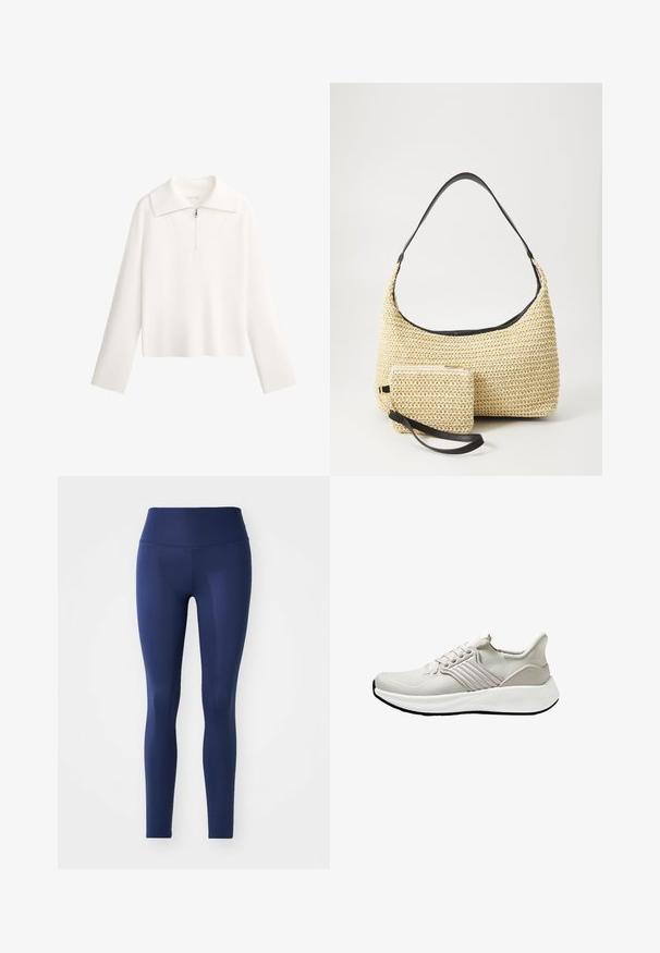 Valkoinen neulepusero, jossa on suuri kaulus, vetoketjullinenfrontti ja pitkät hihat. Valmistettu ribbikankaasta ja siinä on lyhyt malli.; Sotilas siniset legginsit, valmistettu joustavasta kankaasta, jossa on korkea vyötärö, sileä pinta ja täydellinen pituus ilman kuvioita tai varusteita.; Kevyt urheilukenkä, jossa on beige verkkomateriaali ja teksturoitu pinta. Kenkässä on valkoinen pohja ja samaa sävyä olevat sivuakkentit. Yksinkertainen nauhaketju.; Kudottu olkikassi kaarevalla siluetilla, jossa on sileä musta nahkaremmi ja siihen kiinnitetty yhteensopiva pieni pussukka rannekahvalla.