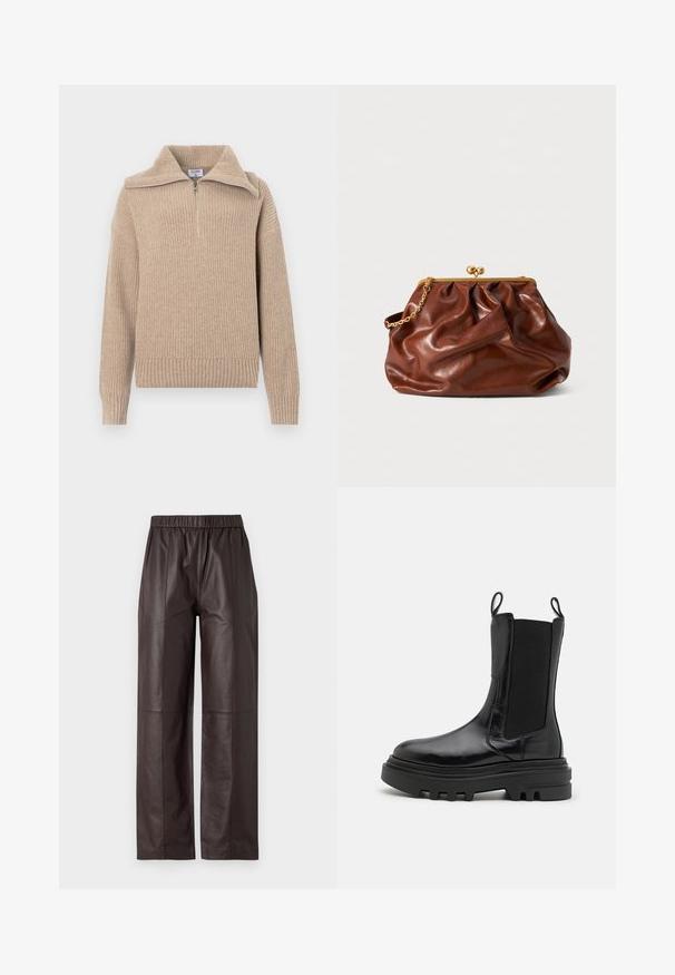 Beige gestrickter Pullover mit einem halbseitigen Reißverschlusskragen, gerippter Textur und langen Ärmeln. Hat eine verkürzte Passform und einen weichen, warmen Stoff.; Braune Leder-Hosen mit weitem Bein, elastischem Bund und glatter Textur, die über eine Nahtdetails an Vorder- und Rückseite verfügen.; Schwarze Knöchelstiefel mit glänzendem Lederfinish, elastischen Seitenpaneelen, Ziehlaschen und einer dicken, strukturierten Gummisohle. Klobiges Design, elegante Silhouette.; Braune Leder-Clutch mit goldener Verschlussrahmen und kurzem goldenen Kettenhenkel, die eine weiche, geraffte Textur auf weißem Hintergrund aufweist.