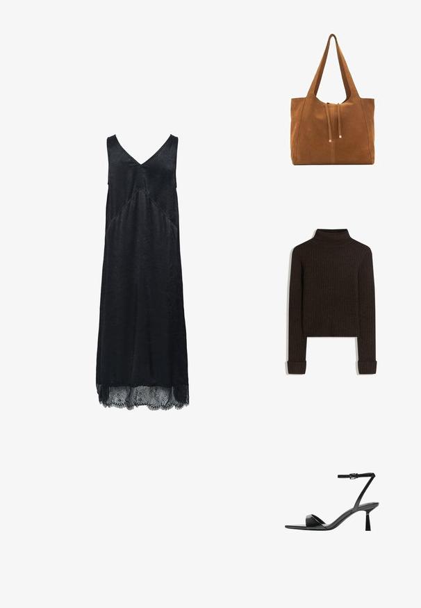 Ruskea ribattua turtleneck-neuletta pitkillä hihoilla ja käärityllä hihalla; valmistettu teksturoidusta kankaasta; lyhyt malli.; Mustat hihattomat mekko, jossa on V-pääntie, tekstuuriä kangasta ja pitsireunaa helmassa. Sisältää vinonommeltuja yksityiskohtia.; Bershka Korolliset sandaalit - black; Ruskea nubuk-olkalaukku, jossa on kaksi pitkää hihnaa, naru- ja minimalinen sulkemismekanismi. Tasainen pinta ja ei näkyviä metalliosia.