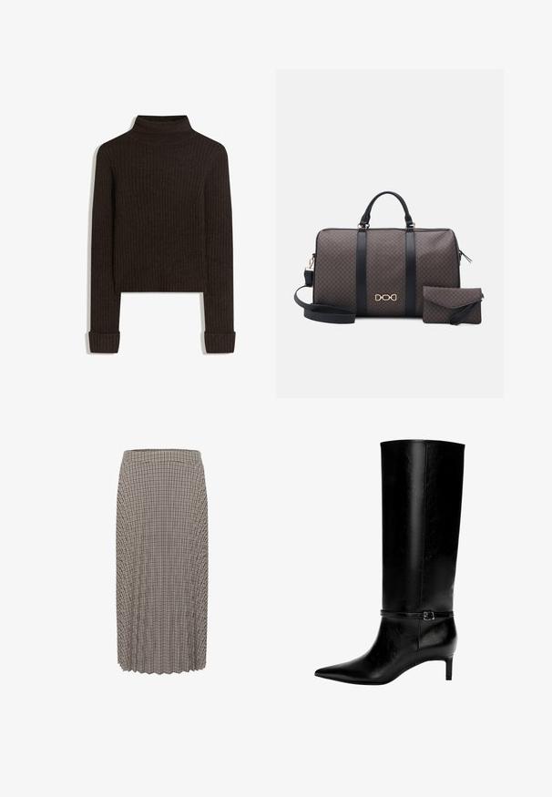Pull en ribbed marron à col roulé avec des manches longues et des poignets retroussés ; fabriqué en tissu texturé ; longueur cropped.; Jupe midi plissée avec un motif vichy noir et blanc. Dotée d'une taille et d'un tissu texturé avec une coupe droite.; Botte en cuir noir montante jusqu'au genou avec un bout pointu et un petit talon. Présente une sangle étroite avec une boucle métallique autour de la cheville. Texture lisse.; Sac de sport marron à motifs avec des sangles noires et un logo doré ; inclut une petite pochette assortie ; fermeture zippée et design robuste.; Boucles d'oreilles en or avec une finition polie, présentant un design épais et courbé. Silhouette simple et moderne sans embellissements supplémentaires.