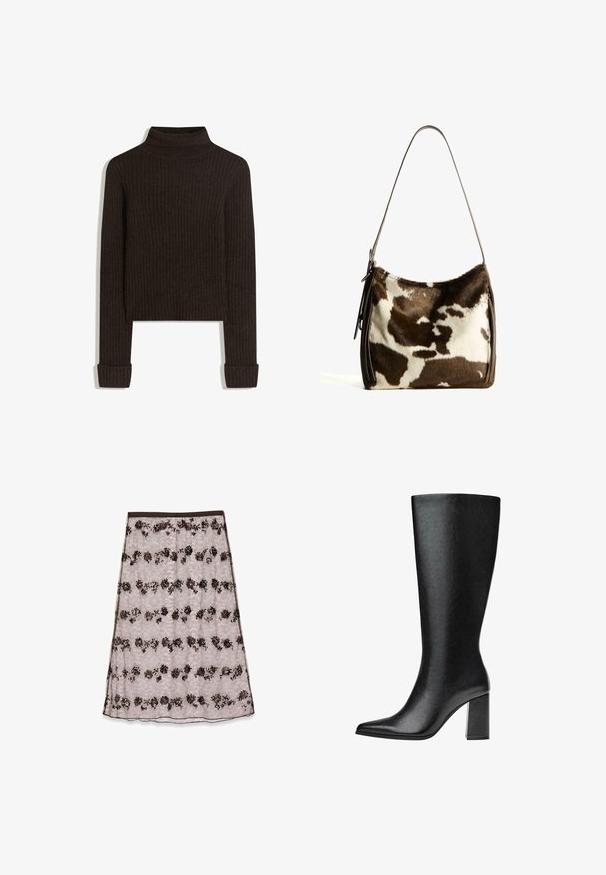 Bruine geribbelde coltrui met lange mouwen en opgerolde manchetten; gemaakt van textuurstof; cropped lengte.; Lace midi-rok in lichtroze met bloemenpatronen in donkerbruin en brons, voorzien van pailletten en een zachte tailleband.; Zwarte laars tot de knie van faux leer met een spitse neus, een gladde textuur en een chunky blokhak. Minimalistisch ontwerp zonder zichtbare accenten.; Bruine en crèmekleurige koeienhuid schoudertas met een gladde leren band, ritssluiting en een zachte, tekstuursurface met een natuurlijk patroon.