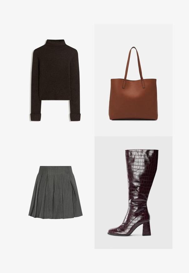 Hnědý žebrovaný rolák s dlouhými rukávy a ohrnutými manžetami; vyrobený z texturované tkaniny; zkrácená délka.; Moves LUCILLE - Plisovaná sukně - castlerock; Tmavě burgundské kozačky do kolen s krokodýlí texturou a blokovým podpatkem na bílém pozadí, zobrazené z boku.; Hnědá kožená taška přes rameno s hladkou texturou, otevřeným designem a dvěma ramenními popruhy. Obsahuje minimální švy a žádné viditelné kovové prvky.