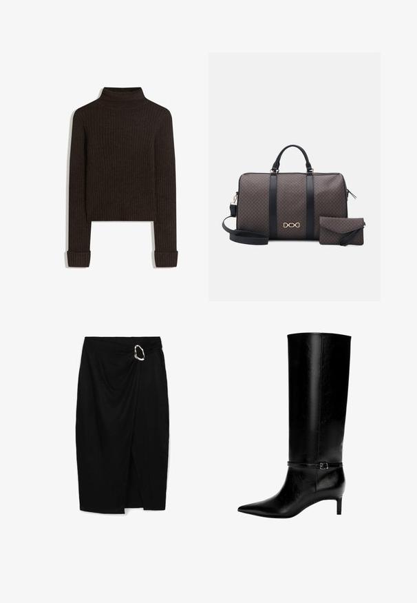 Maglione a collo alto marrone a coste con maniche lunghe e polsini arrotolati; realizzato in tessuto testurizzato; lunghezza cropped.; Gonna nera avvolgente realizzata in tessuto testurizzato. Presenta un design drappeggiato e un accentuato fermaglio decorativo in argento in vita. Stile di lunghezza media.; Stivale in pelle nera alto fino al ginocchio con punta appuntita e tacco basso. Presenta una cinghia sottile con una fibbia metallica attorno alla caviglia. Texture liscia.; Borsa duffel a motivi marroni con manici neri e logo dorato; include una piccola pochette coordinata; chiusura con zip e design robusto.; Orecchini a cerchio in oro con finitura lucida, caratterizzati da un design spesso e curvo. Silhouette semplice e moderna senza ulteriori decorazioni.
