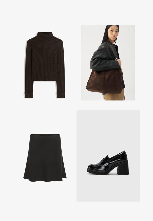 Pull en ribbed marron à col roulé avec des manches longues et des poignets retroussés ; fabriqué en tissu texturé ; longueur cropped.; Jupe mini noire évasée en matériau doux avec une texture lisse et une large ceinture. Présente un design simple sans motifs ni accents.; Mocassin en cuir verni noir avec un talon bloc épais, présentant une couture surélevée et un accent en nœud à l'avant pour plus de détail.; Tote bag en suède marron avec une forme large et une texture douce, dotée d'une seule bandoulière et de matériel minimal sur un fond neutre.