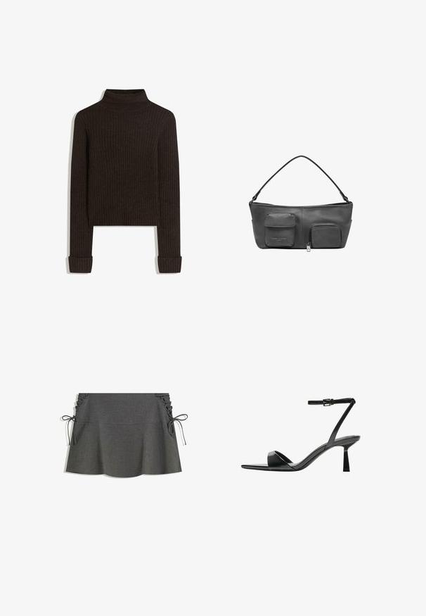 Brauner gerippter Rollkragenpullover mit langen Ärmeln und umgeschlagenen Bündchen; aus strukturiertem Stoff; cropped Schnitt.; Grauer gestreifter Rock mit seitlicher Raffung, Bändern und ausgestellter Silhouette. Die Textur des Stoffes wirkt glatt mit einem leichten Glanz.; Bershka High Heel Sandalette - black; Schwarze Lederhandtasche in runder Form, mit zwei Vorderfächern und einem einzigen Schulterriemen. Glatte Textur mit dezentem Branding.