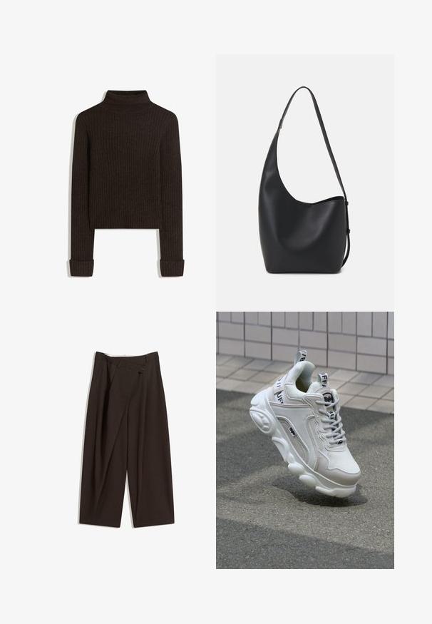 Maglione a collo alto marrone a coste con maniche lunghe e polsini arrotolati; realizzato in tessuto testurizzato; lunghezza cropped.; Pantaloni a gamba larga marrone scuro con vita alta, dotati di una chiusura con bottone singolo e una parte anteriore plissettata. Realizzati in tessuto leggero.; Sneaker bianco realizzato in materiali mesh e pelle, con punta arrotondata, suola spessa, lacci prominenti e marchio sul tallone e sulla linguetta.; Borsa hobo nera in pelle con una superficie liscia, forma curvata e una singola tracolla regolabile; presenta un'ampia apertura nella parte superiore.