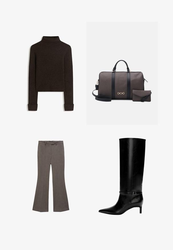 Ruskea ribattua turtleneck-neuletta pitkillä hihoilla ja käärityllä hihalla; valmistettu teksturoidusta kankaasta; lyhyt malli.; Ruskeat levenevät housut teksturoidusta kankaasta, joissa on tasainen etuosa, vyölenkit ja klassinen keskimäinen vyötärö. Ei näkyviä taskuja.; Mustat nahkasaappaat polven yli, joissa on terävä kärki ja pieni korko. Niissä on kapea hihna metallisoljella nilkan ympärillä. Suora pinta.; Ruskea kuviollinen matkakassi mustilla hihnoilla ja kultaisella logolla; sisältää pienen yhteensopivan pussukan; vetoketjukiinnitys ja kestävä muotoilu.; Kulta hoop-korvakorut kiiltävällä pinnalla, joissa on paksu, kaareva muotoilu. Yksinkertainen ja moderni siluetti ilman lisäkoristeita.