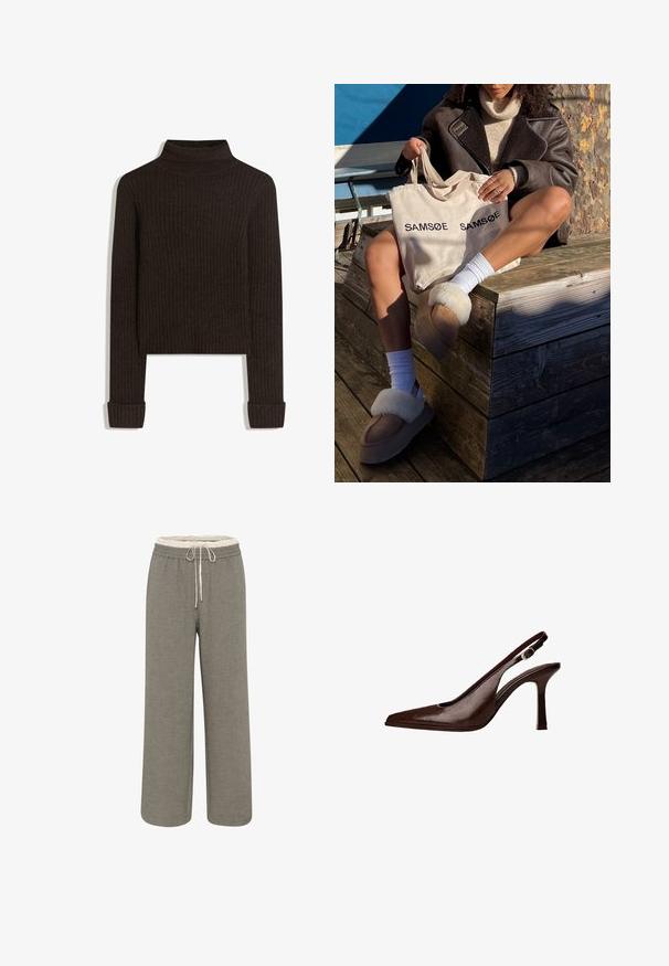 Bruine geribbelde coltrui met lange mouwen en opgerolde manchetten; gemaakt van textuurstof; cropped lengte.; Brede broek van lichtgrijs stof. Elastische tailleband met trekkoord. Getextureerde afwerking, geen zichtbare patronen of accenten.; Bruine lederen slingbackpomp met een spitse neus en een dunne hak. Voorzien van een kleine accentgesp op de band en een glossy afwerking.; Beige schoudertas met "SAMSOE" twee keer gedrukt, tan slippers met witte bontafwerking, witte sokken en een bruine schapenvachtjas op een houten oppervlak.
