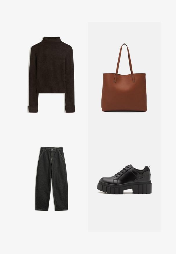 Barna bordás garbó pulóver hosszú ujjakkal és felgöngyölt mandzsettával; texturált anyagból készült; cropped hosszúságú.; Fekete, magas derekú, bő szárú farmernadrág elülső zsebekkel, gombos záródással és látható bézs varrásokkal, fehér háttér előtt.; Fekete bőr platform cipők vaskos blokk sarkakkal, kerek orral és hagyományos fűzős kialakítással. Simára csiszolt felület és minimális részletezés jellemzi.; Barna bőr vászontáska sima textúrával, nyitott tetejű dizájnnal és két vállpánttal. Minimális varrással és látható hardver nélkül készült.