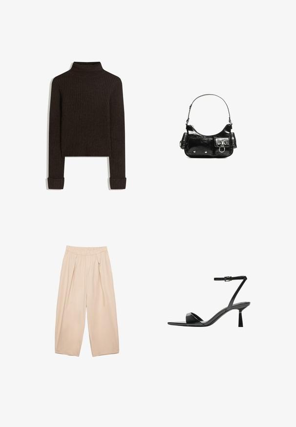 Brun, ribbet turtleneck sweater med lange ærmer og opfoldede manchetter; lavet af tekstureret stof; cropped længde.; Beige bredde bukser med elastisk talje, der har forkantens folder og et glat, let stof. Ingen synlige lommer eller mønstre.; Bershka Højhælede sandaletter / Højhælede sandaler - black; Sort patenteret læder håndtaske med en buet form, en skulderrem, frontlommer og hardware accenter i sølvfarve.