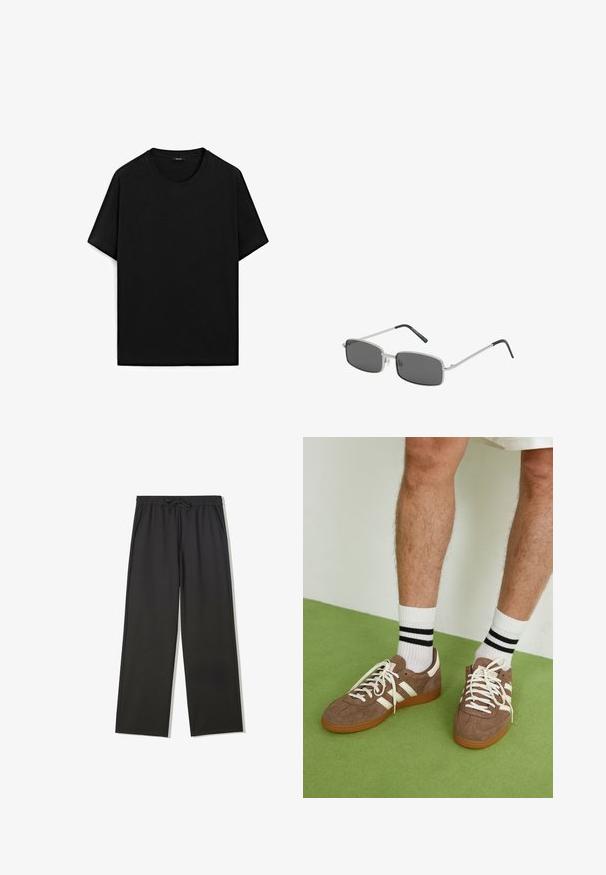 Beige gebreide trui met een ronde hals, lange mouwen, geribde manchetten en zoom, met een subtiele textuur en lichtgewicht materiaal.; Zwarte korte mouwen t-shirt van katoen met een ronde halslijn, met een gladde textuur en een eenvoudig ontwerp. Geen zichtbare merknaam.; Zwarte broek met elastische taille, trekkoord en zijzakken, voorzien van een losse pasvorm en rechte pijpen.; Bruine suède sneakers met witte accenten en veters. Rubberen gumzool. Draag met witte sokken met zwarte strepen. Groene gestructureerde vloer.; Rechthoekige zonnebril met donkergrijze lenzen, dunne zilveren metalen montuur en zwart rubberen uiteinden van de oorstukken. Minimalistisch ontwerp.; Zwarte rugzak van een gladde, matte stof, met een ronde vorm, een voorvak met rits en een handvat aan de bovenkant om te dragen. Minimalistisch ontwerp.; Zwarte analoge horloge met een ronde behuizing van roestvrij staal, een gestructureerde zwarte leren band en een zwarte wijzerplaat met zilveren uur-/minuutwijzers en markeringen.