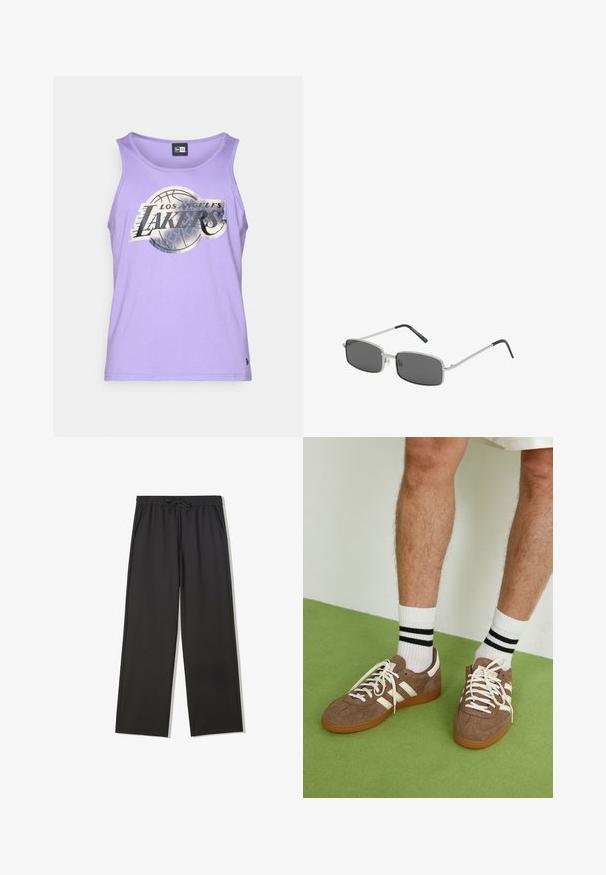 Beige stickad tröja med rundad halsringning, långa ärmar, ribbade muddvar och nederkant, med en subtil struktur och lätt material.; Lila ärmlös linne gjort av mjukt tyg med en silver Los Angeles Lakers-logotyp och basketgrafik på framsidan.; Svarta byxor med elastisk midja, dragsko och sidofickor, med en avslappnad passform och raka ben.; Bruna mockaskor med vita detaljer och snören. Gummisula i beige. Bärs med vita strumpor med svarta ränder. Grön strukturerad golvyta.; Rektangulära solglasögon med mörkgrå linser, tunn silverfärgad metallram och svarta gummibelagda skalmar. Minimalistisk design.; Svart ryggsäck med slätt, matt material, rund form, framficka med dragkedja och ett handtag på toppen för bärande. Minimalistisk design.; Svart analog klocka med ett runt hölje i rostfritt stål, strukturerad svart läderrem och en svart urtavla med silverfärgade tim- och minutvisare samt markeringar.