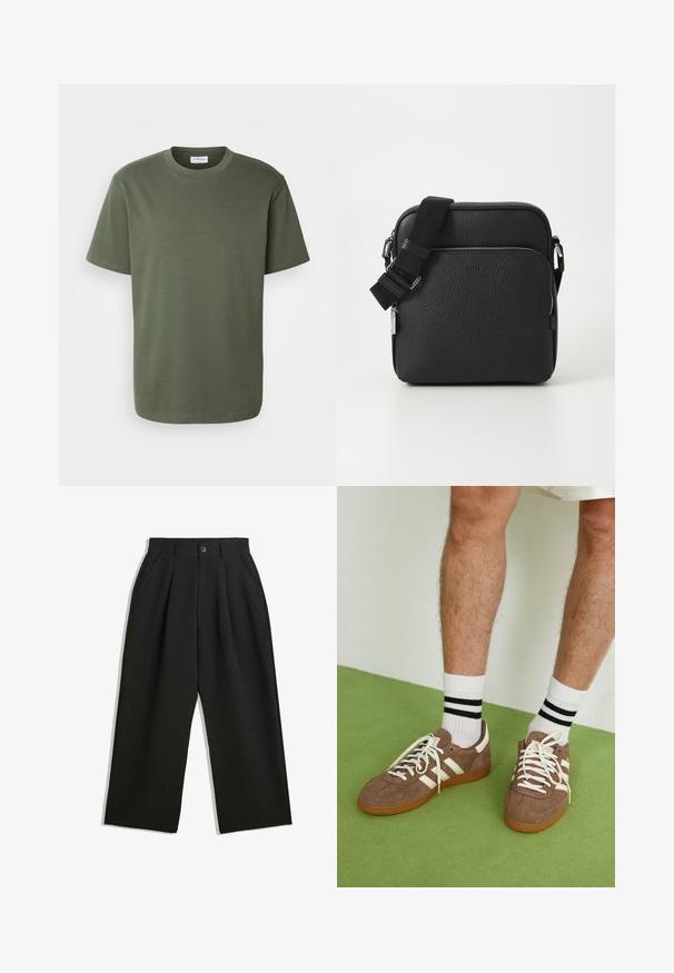 Beige pletený svetr s kulatým výstřihem, dlouhými rukávy, žebrovanými manžetami a lemem, s jemnou texturou a lehkým materiálem.; Lindbergh O NECK TEE OVERSIZE - Jednoduché tričko - olive; Černé kalhoty s uvolněným střihem, s průhyby v přední části, bočními kapsami a zapínáním na knoflík. Vyrobené z texturované látky.; Hnědé semišové tenisky s bílými akcenty a tkaničkami. Gumová podrážka. Nošeny s bílými ponožkami s černými pruhy. Zelená strukturovaná podlaha.; Černá kožená kabelka přes rameno s texturovaným povrchem, přední kapsou na zip, nastavitelným popruhem a kovovými doplňky.