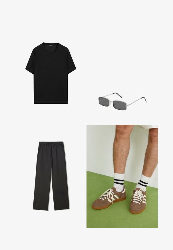 Beige stickad tröja med rundad halsringning, långa ärmar, ribbade muddvar och nederkant, med en subtil struktur och lätt material.; Svart kortärmad t-shirt i mjuk bomull. Har rund halsringning och rak fåll. Enkel, enfärgad design utan mönster eller detaljer.; Svarta byxor med elastisk midja, dragsko och sidofickor, med en avslappnad passform och raka ben.; Bruna mockaskor med vita detaljer och snören. Gummisula i beige. Bärs med vita strumpor med svarta ränder. Grön strukturerad golvyta.; Rektangulära solglasögon med mörkgrå linser, tunn silverfärgad metallram och svarta gummibelagda skalmar. Minimalistisk design.; Svart ryggsäck med slätt, matt material, rund form, framficka med dragkedja och ett handtag på toppen för bärande. Minimalistisk design.; Svart analog klocka med ett runt hölje i rostfritt stål, strukturerad svart läderrem och en svart urtavla med silverfärgade tim- och minutvisare samt markeringar.