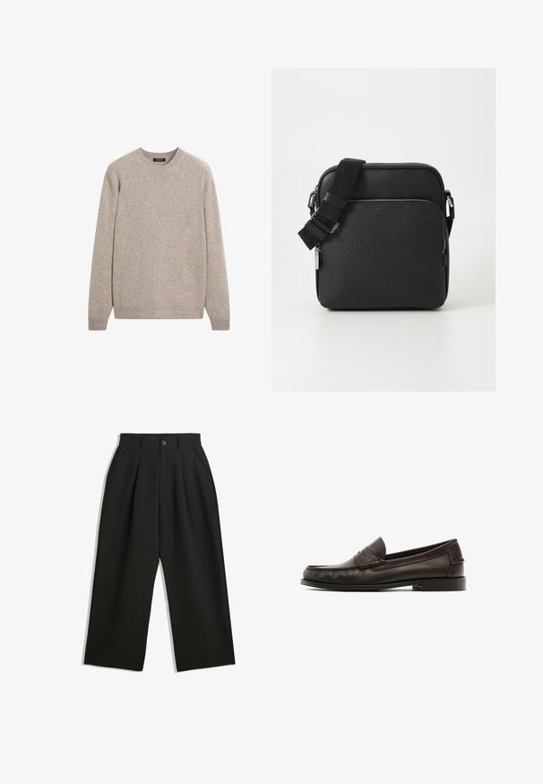 Pull en tricot beige avec un col rond, des manches longues, des poignets et un ourlet côtelés, affichant une texture subtile et un matériau léger.; Pantalons noirs à coupe décontractée, avec des plis à l'avant, des poches latérales et une fermeture à bouton. Fabriqués en tissu texturé.; Mocassins en cuir marron avec une texture lisse, ornés de coutures décoratives, à talon bas et à bout rond.; Sac bandoulière en cuir noir avec une surface texturée, doté d'une poche zippée à l'avant, d'une bandoulière ajustable et d'accents en métal.