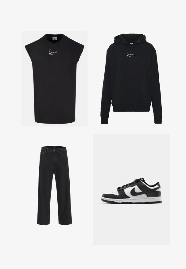Czarna bluza z kapturem wykonana z miękkiego materiału, z przednią kieszenią, sznurkami do regulacji oraz białym haftem logo na klatce piersiowej. Klasyczny krój i ściągacze na rękawach.; Czarny, bezrękawnik wykonany z bawełny, z okrągłym dekoltem i białym logo z podpisem z przodu. Gładka tekstura, luźny krój.; Czarne dżinsy o prostych nogawkach z zapięciem na guziki i zamek błyskawiczny, szlufkami na pasek oraz przednimi i tylnymi kieszeniami.; Czarno-białe sneakersy Nike Dunk z skórzaną cholewką, perforowanym czubkiem, czarnymi sznurówkami oraz czarną gumową podeszwą z bieżnikiem.